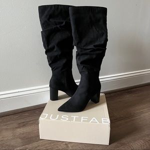 Ruched suede black tall boots